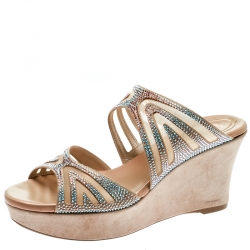 Rene Caovilla Beige Crystal Embellished Fabric And Mesh Platform Wedge Slides Size 36