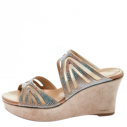 Rene Caovilla Beige Crystal Embellished Fabric And Mesh Platform Wedge Slides Size 36