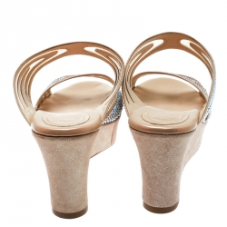Rene Caovilla Beige Crystal Embellished Fabric And Mesh Platform Wedge Slides Size 36