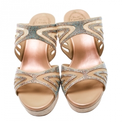 Rene Caovilla Beige Crystal Embellished Fabric And Mesh Platform Wedge Slides Size 36