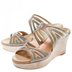 Rene Caovilla Beige Crystal Embellished Fabric And Mesh Platform Wedge Slides Size 36