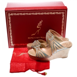Rene Caovilla Beige Crystal Embellished Fabric And Mesh Platform Wedge Slides Size 36