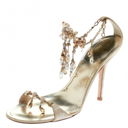 Pre Owned René Caovilla Metallic Gold Suede Crystal Embellished Anklet Open Toe Sandals Size 39.5