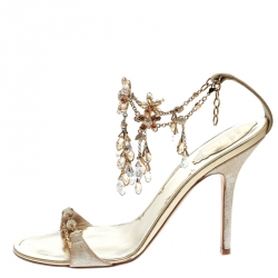 Pre Owned René Caovilla Metallic Gold Suede Crystal Embellished Anklet Open Toe Sandals Size 39.5