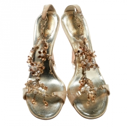 Pre Owned René Caovilla Metallic Gold Suede Crystal Embellished Anklet Open Toe Sandals Size 39.5