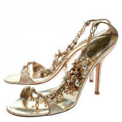 Pre Owned René Caovilla Metallic Gold Suede Crystal Embellished Anklet Open Toe Sandals Size 39.5