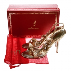 Pre Owned René Caovilla Metallic Gold Suede Crystal Embellished Anklet Open Toe Sandals Size 39.5
