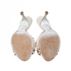 Pre Owned Rene Caovilla Beige Lace Crystal Embellished Peep Toe Slides Size 37
