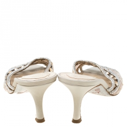 Pre Owned Rene Caovilla Beige Lace Crystal Embellished Peep Toe Slides Size 37