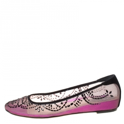 Rene Caovilla Black/Purple Crystal Embellished Mesh Ballet Flats Size 38.5