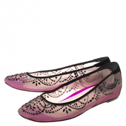 Rene Caovilla Black/Purple Crystal Embellished Mesh Ballet Flats Size 38.5