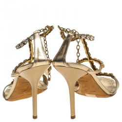 Pre Owned Rene Caovilla Metallic Gold Crystal Embellished Strappy Sandals Size 38