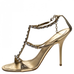 Pre Owned Rene Caovilla Metallic Gold Crystal Embellished Strappy Sandals Size 38