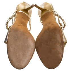 Pre Owned Rene Caovilla Metallic Gold Crystal Embellished Strappy Sandals Size 38