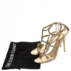 Pre Owned Rene Caovilla Metallic Gold Crystal Embellished Strappy Sandals Size 38