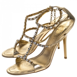 Pre Owned Rene Caovilla Metallic Gold Crystal Embellished Strappy Sandals Size 38