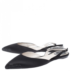 Pre Owned Rene Caovilla Black Crystal Embellished Satin Operina Slingback Flats Size 40