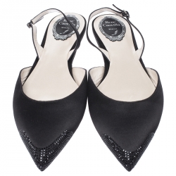 Pre Owned Rene Caovilla Black Crystal Embellished Satin Operina Slingback Flats Size 40