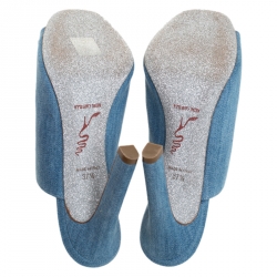 Pre Owned René Caovilla Blue Denim Crystal Embellished Slides Size 37.5
