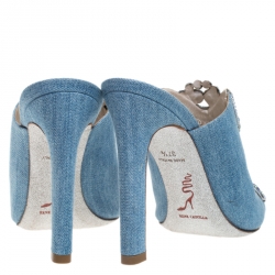 Pre Owned René Caovilla Blue Denim Crystal Embellished Slides Size 37.5