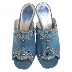 Pre Owned René Caovilla Blue Denim Crystal Embellished Slides Size 37.5