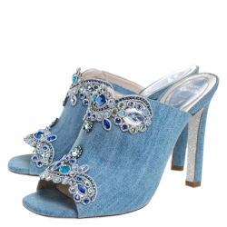 Pre Owned René Caovilla Blue Denim Crystal Embellished Slides Size 37.5