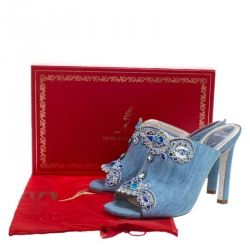 Pre Owned René Caovilla Blue Denim Crystal Embellished Slides Size 37.5