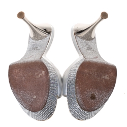 Pre Owned René Caovilla Silver Leather Crystal Embellished Platform Sandals Size 37.5