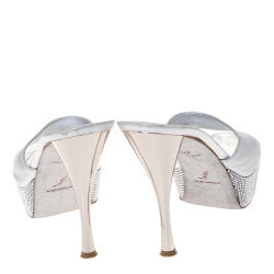 Pre Owned René Caovilla Silver Leather Crystal Embellished Platform Sandals Size 37.5