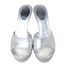 Pre Owned René Caovilla Silver Leather Crystal Embellished Platform Sandals Size 37.5