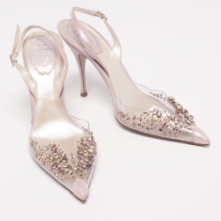 René Caovilla Lilac Shimmer Suede and PVC Claire Crystals Embellished Sandals Size 38