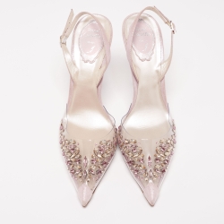 René Caovilla Lilac Shimmer Suede and PVC Claire Crystals Embellished Sandals Size 38
