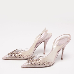 René Caovilla Lilac Shimmer Suede and PVC Claire Crystals Embellished Sandals Size 38