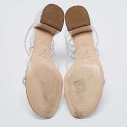 Pre Owned René Caovilla White Crystal Embellished Satin Cleo Sandals Size 38