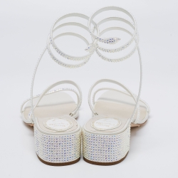 Pre Owned René Caovilla White Crystal Embellished Satin Cleo Sandals Size 38