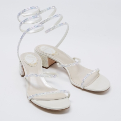 Pre Owned René Caovilla White Crystal Embellished Satin Cleo Sandals Size 38
