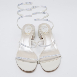 Pre Owned René Caovilla White Crystal Embellished Satin Cleo Sandals Size 38