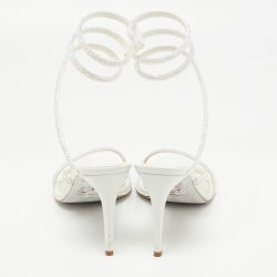 René Caovilla White Leather Crystal Embellished Ankle Wrap Sandals Size 41
