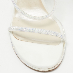 René Caovilla White Leather Crystal Embellished Ankle Wrap Sandals Size 41