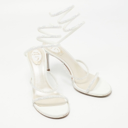 René Caovilla White Leather Crystal Embellished Ankle Wrap Sandals Size 41