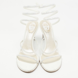 René Caovilla White Leather Crystal Embellished Ankle Wrap Sandals Size 41