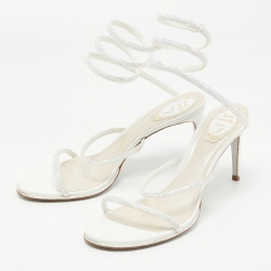 René Caovilla White Leather Crystal Embellished Ankle Wrap Sandals Size 41