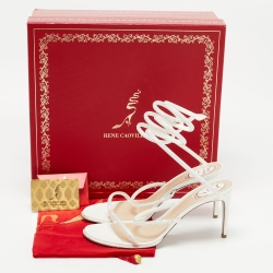 René Caovilla White Leather Crystal Embellished Ankle Wrap Sandals Size 41