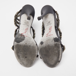 Pre Owned René Caovilla Black Satin Cleo Crystals Embellished Sandals Size 38.5