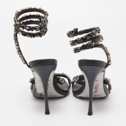Pre Owned René Caovilla Black Satin Cleo Crystals Embellished Sandals Size 38.5