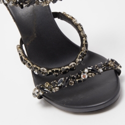 Pre Owned René Caovilla Black Satin Cleo Crystals Embellished Sandals Size 38.5