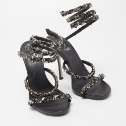 Pre Owned René Caovilla Black Satin Cleo Crystals Embellished Sandals Size 38.5