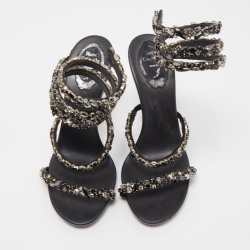 Pre Owned René Caovilla Black Satin Cleo Crystals Embellished Sandals Size 38.5