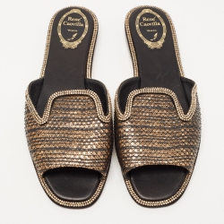 Pre Owned René Caovilla Gold Python and Crystal Embellished Flat Slides Size 39  
