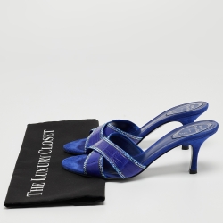 Rene Caovilla Blue Crocodile and Suede Crystal Embellished Slides Sandals Size 38.5